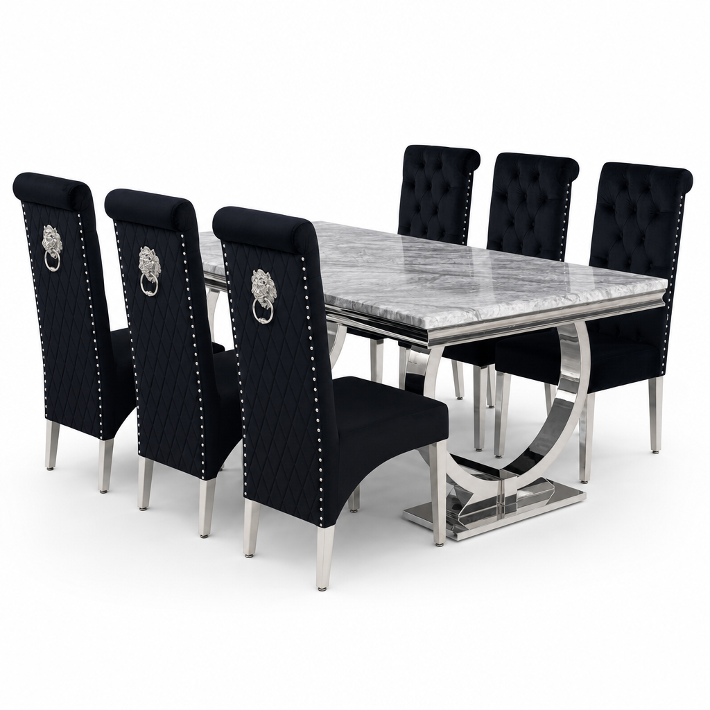 Ariana Grey Marble Dining Table Set | Sofia Black Velvet Lion Knocker Chairs | 4 to 10 Seater | 3 Size Options