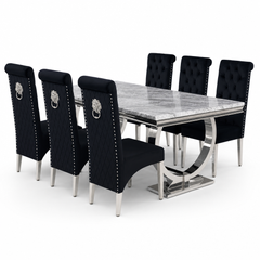 Ariana Grey Marble Dining Table Set | Sofia Black Velvet Lion Knocker Chairs | 4 to 10 Seater | 3 Size Options