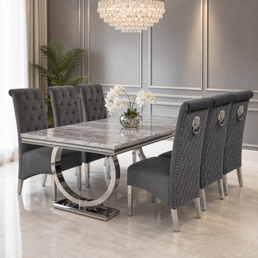 Ariana Grey Marble Dining Table Set | Sofia Dark Grey Velvet Lion Knocker Chairs | 4 to 10 Seater | 3 Size Options