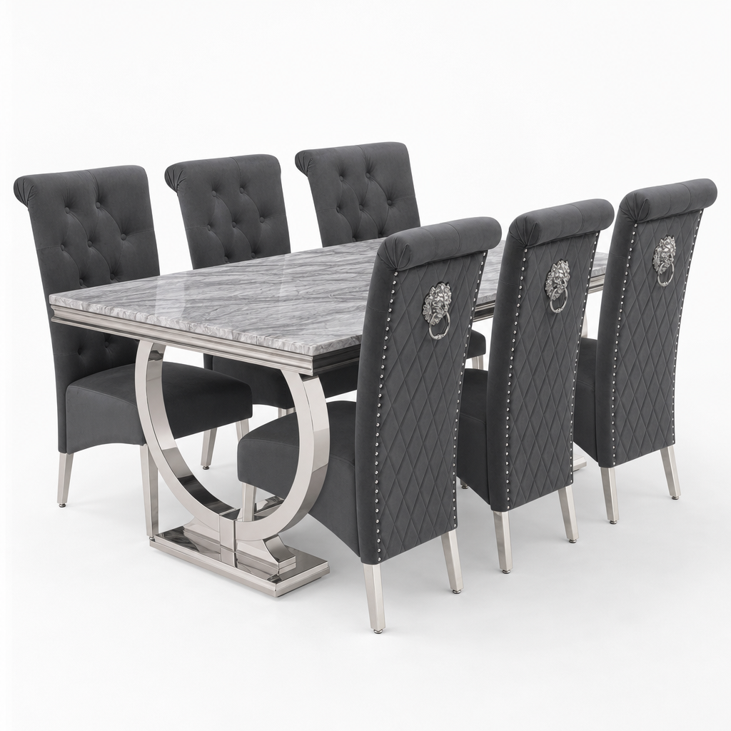 Ariana Grey Marble Dining Table Set | Sofia Dark Grey Velvet Lion Knocker Chairs | 4 to 10 Seater | 3 Size Options