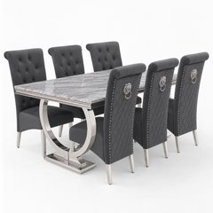 Ariana Grey Marble Dining Table Set | Sofia Dark Grey Velvet Lion Knocker Chairs | 4 to 10 Seater | 3 Size Options
