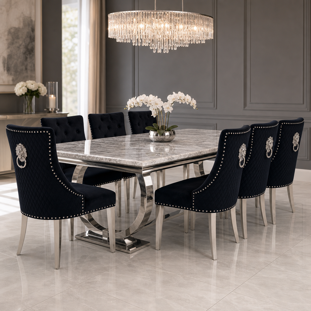 Ariana Grey Marble Dining Table Set | Majestic Black Velvet Lion Knocker Chairs | 4 to 10 Seater | 3 Size Options