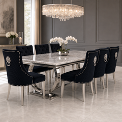 Ariana Grey Marble Dining Table Set | Majestic Black Velvet Lion Knocker Chairs | 4 to 10 Seater | 3 Size Options
