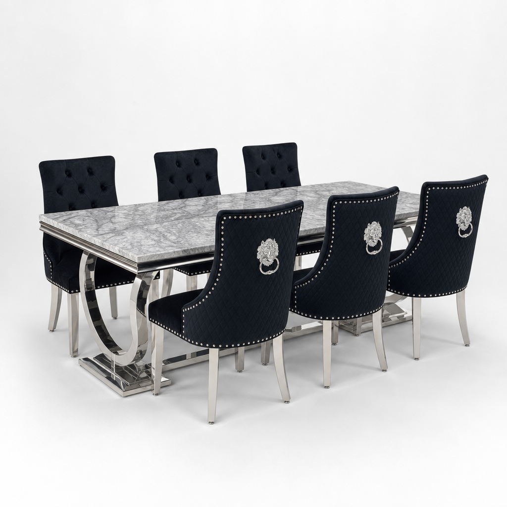 Ariana Grey Marble Dining Table Set | Majestic Black Velvet Lion Knocker Chairs | 4 to 10 Seater | 3 Size Options