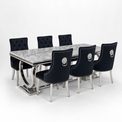 Ariana Grey Marble Dining Table Set | Majestic Black Velvet Lion Knocker Chairs | 4 to 10 Seater | 3 Size Options
