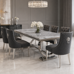 Ariana Grey Marble Dining Table Set | Majestic Dark Grey Velvet Lion Knocker Chairs | 4 to 10 Seater | 3 Size Options