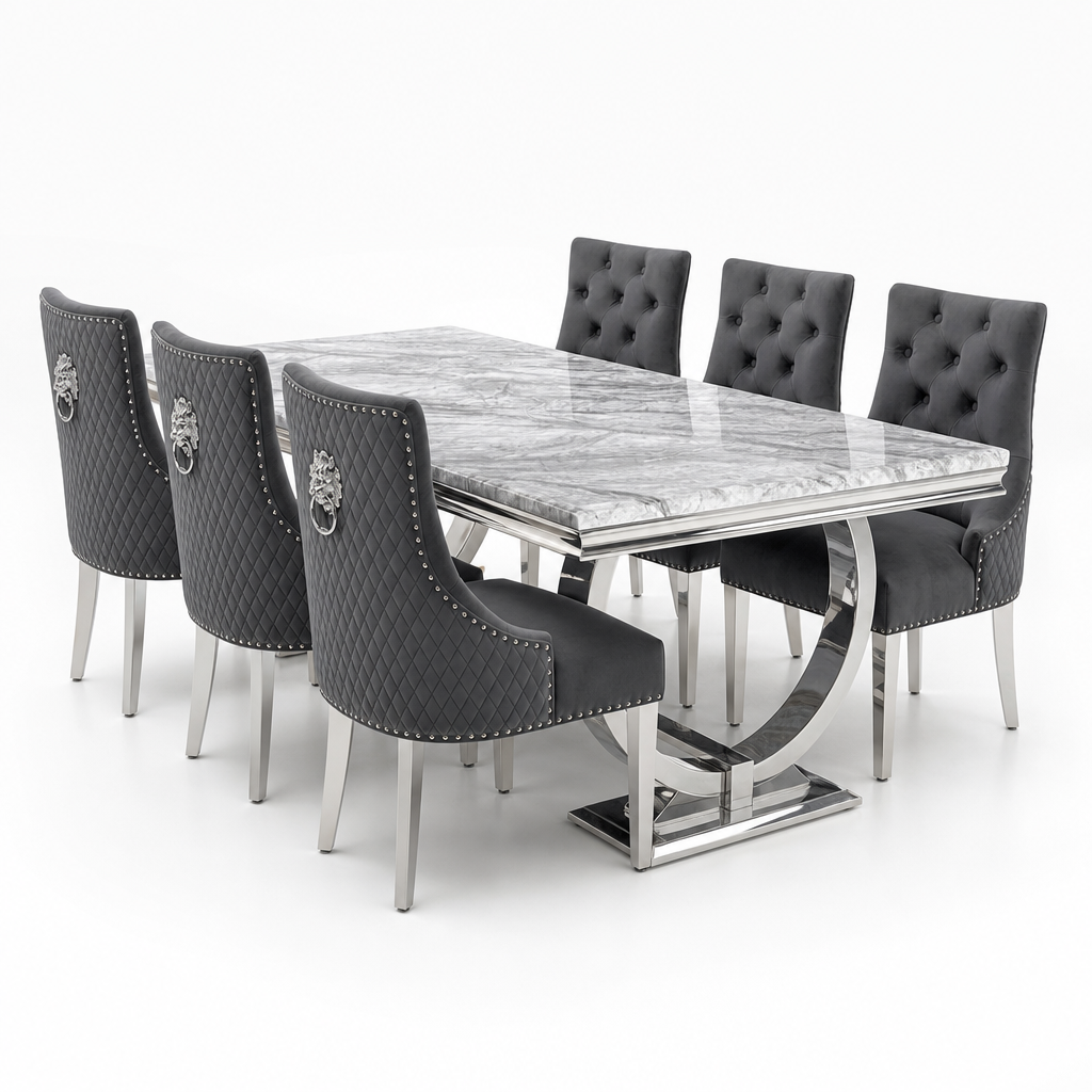 Ariana Grey Marble Dining Table Set | Majestic Dark Grey Velvet Lion Knocker Chairs | 4 to 10 Seater | 3 Size Options