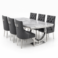 Ariana Grey Marble Dining Table Set | Majestic Dark Grey Velvet Lion Knocker Chairs | 4 to 10 Seater | 3 Size Options