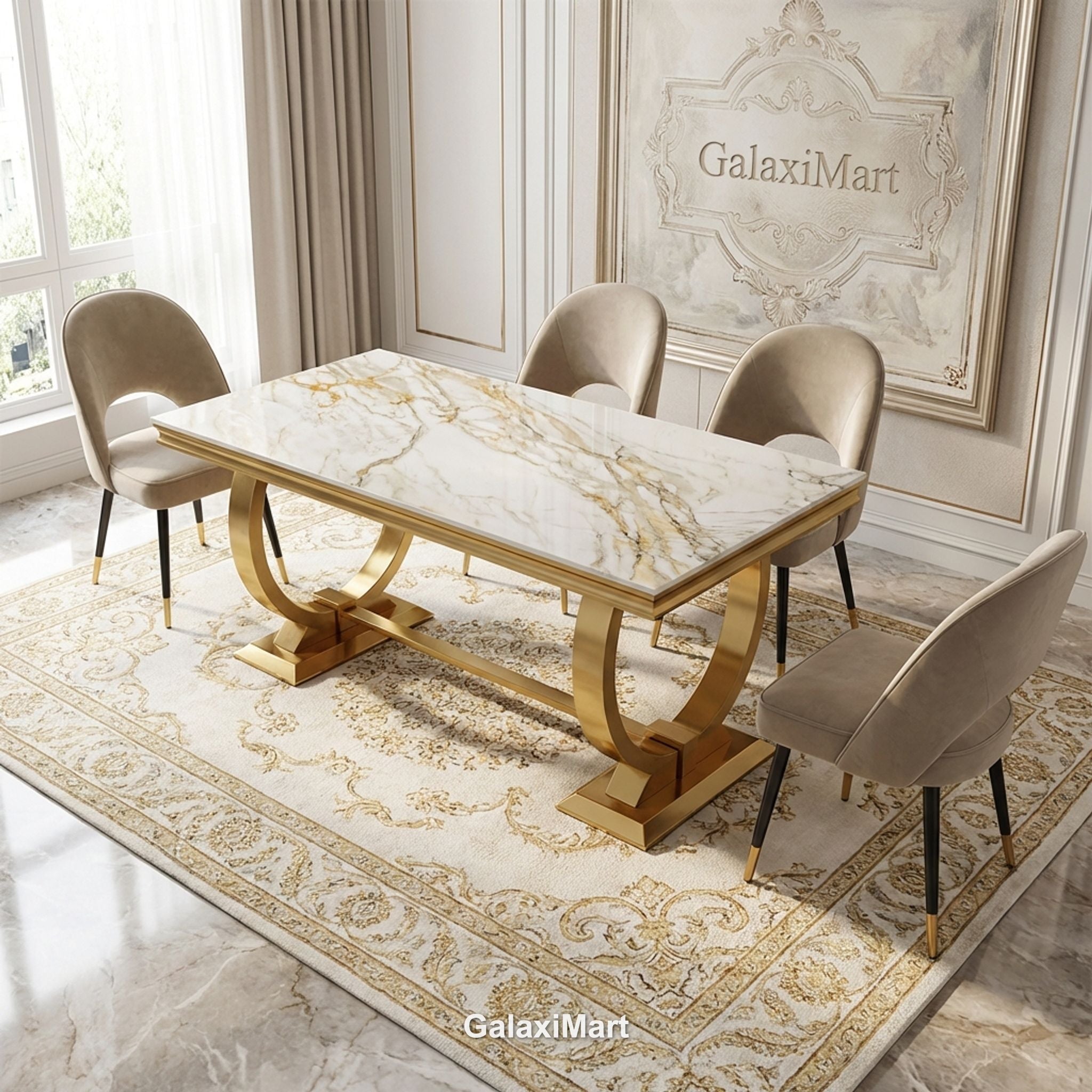 Arianna Gold Marble Dining Table 1.6m/1.8m/2m with Astra Velvet Chairs