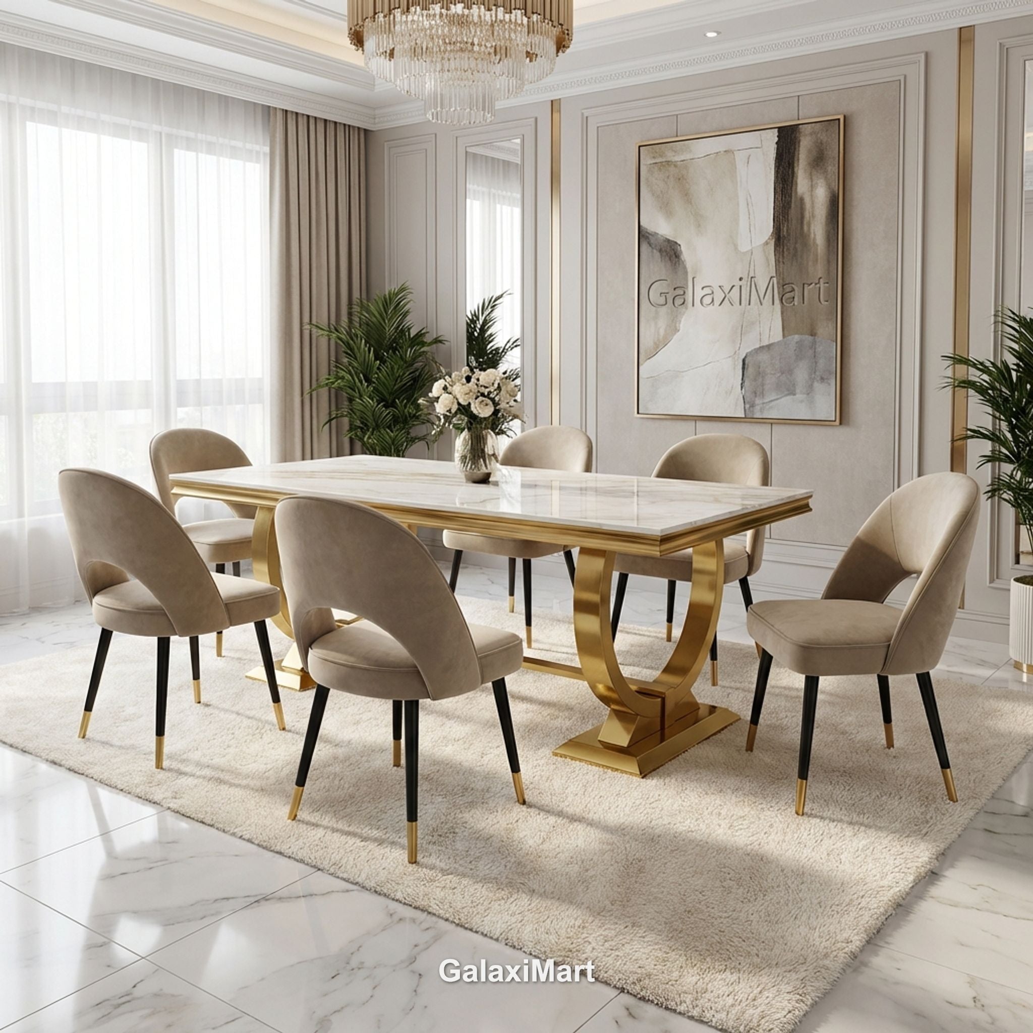 Arianna Gold Marble Dining Table 1.6m/1.8m/2m with Astra Velvet Chairs