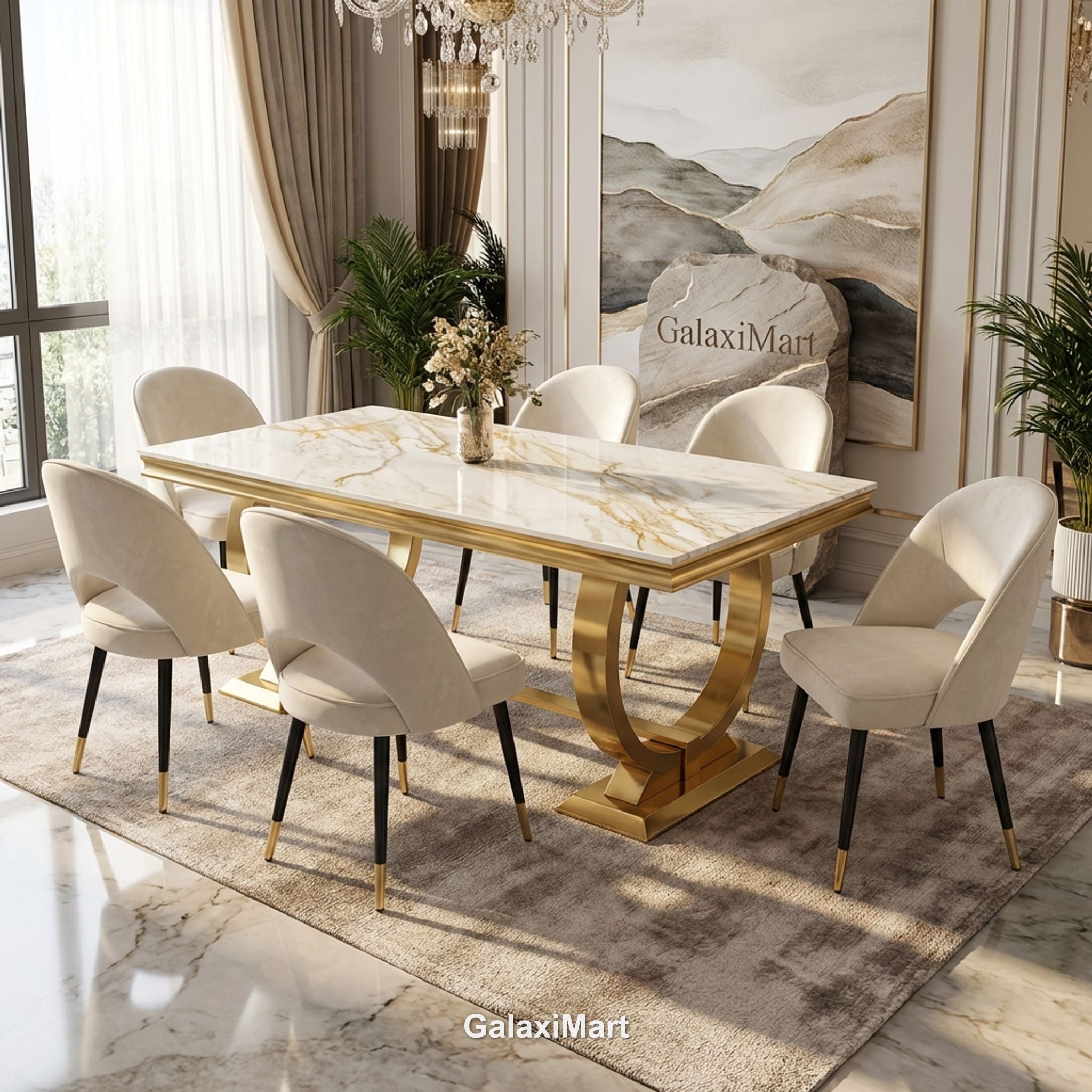 Arianna Gold Marble Dining Table 1.6m/1.8m/2m with Astra Velvet Chairs