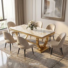 Arianna Gold Marble Dining Table 1.6m/1.8m/2m with Astra Velvet Chairs