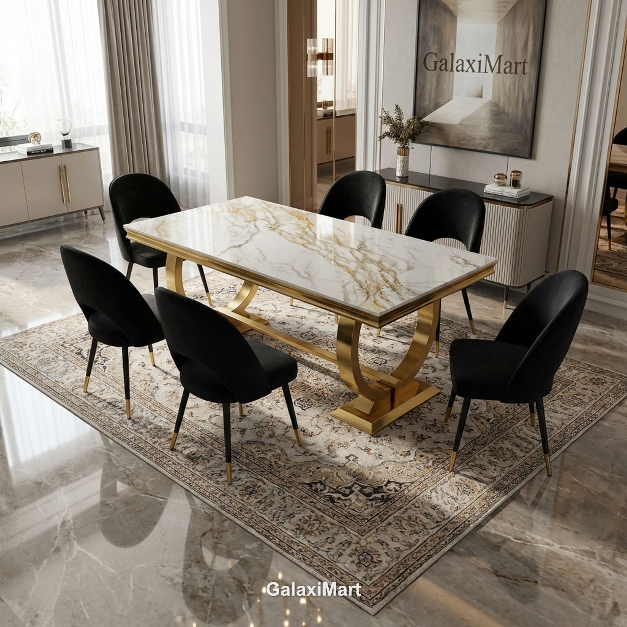 Arianna Gold Marble Dining Table 1.6m/1.8m/2m with Astra Velvet Chairs