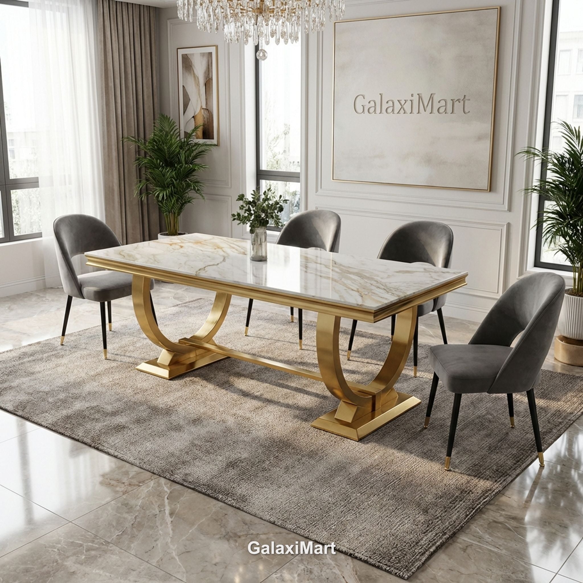 Arianna Gold Marble Dining Table 1.6m/1.8m/2m with Astra Velvet Chairs