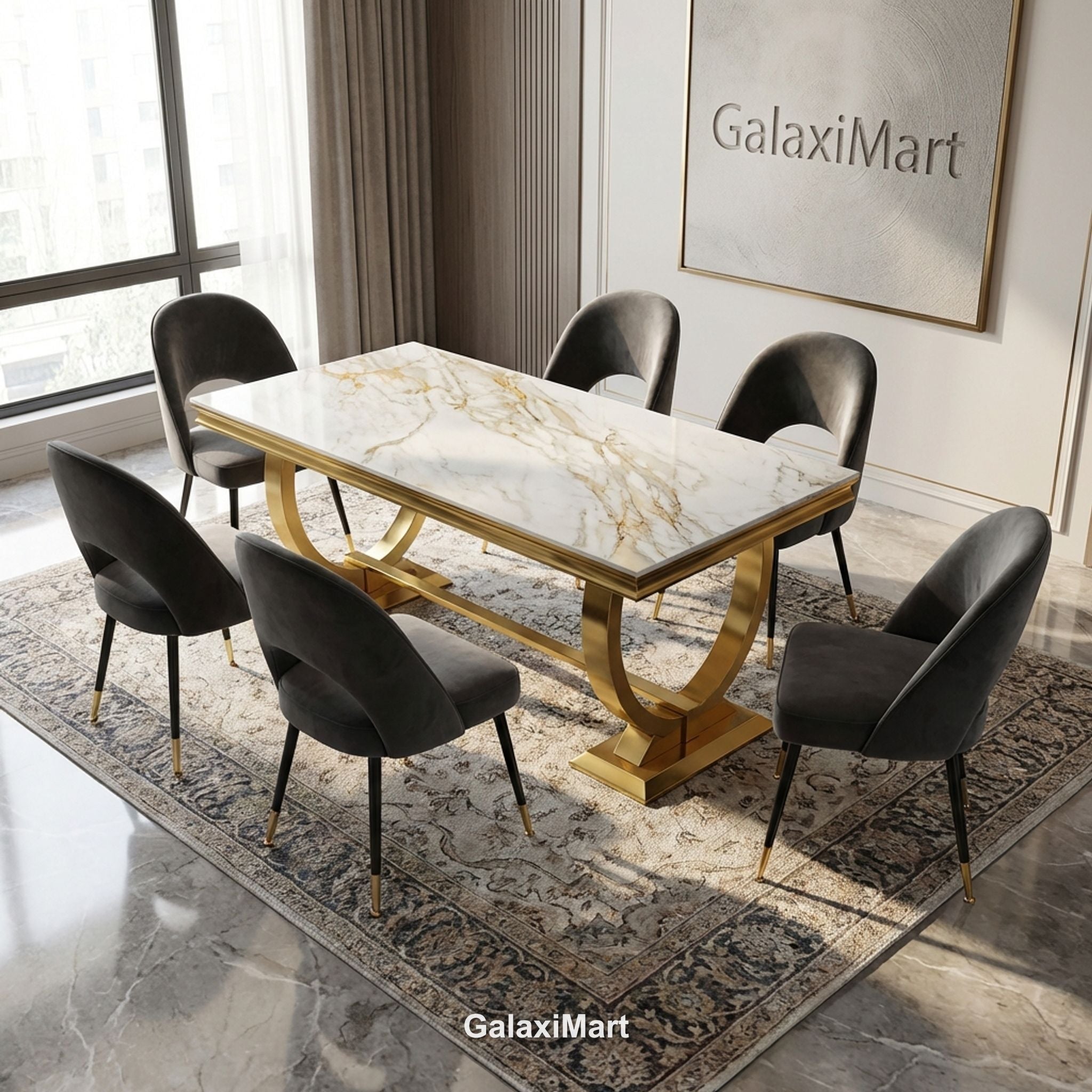 Arianna Gold Marble Dining Table 1.6m/1.8m/2m with Astra Velvet Chairs
