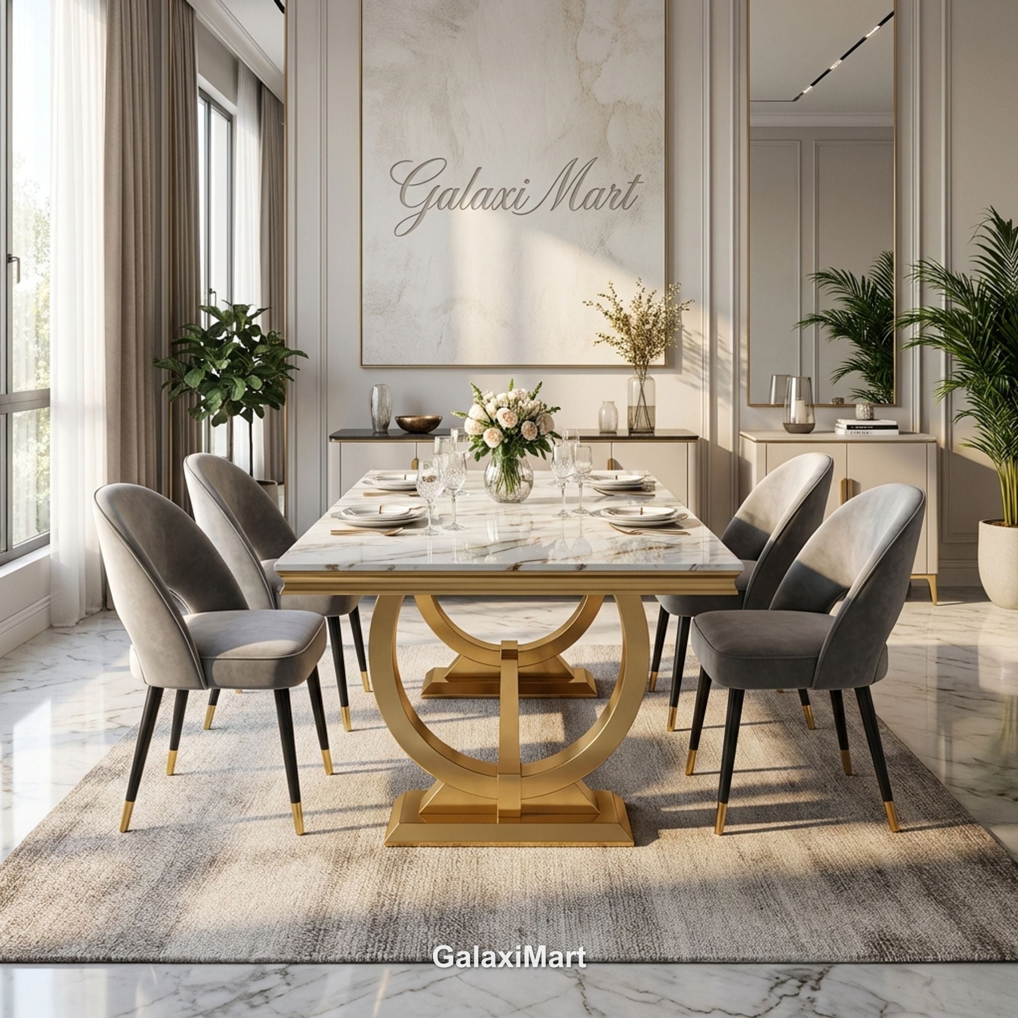 Arianna Gold Marble Dining Table 1.6m/1.8m/2m with Astra Velvet Chairs