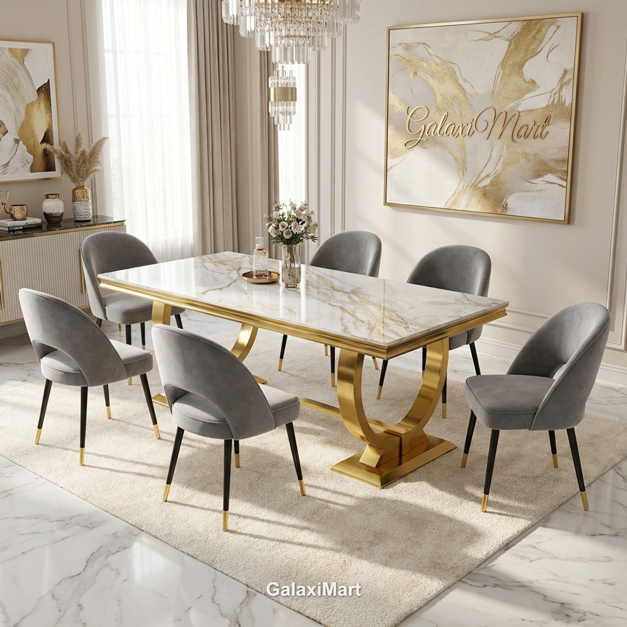 Arianna Gold Marble Dining Table 1.6m/1.8m/2m with Astra Velvet Chairs