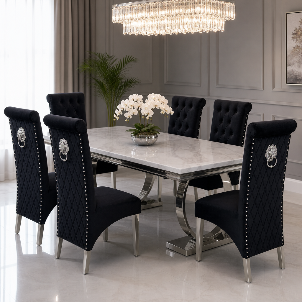 Ariana White Marble Dining Table Set | Sofia Black Velvet Lion Knocker Chairs | 4 to 10 Seater | 3 Size Options