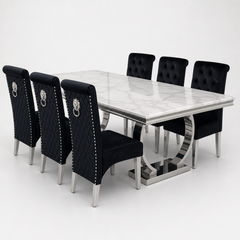Ariana White Marble Dining Table Set | Sofia Black Velvet Lion Knocker Chairs | 4 to 10 Seater | 3 Size Options