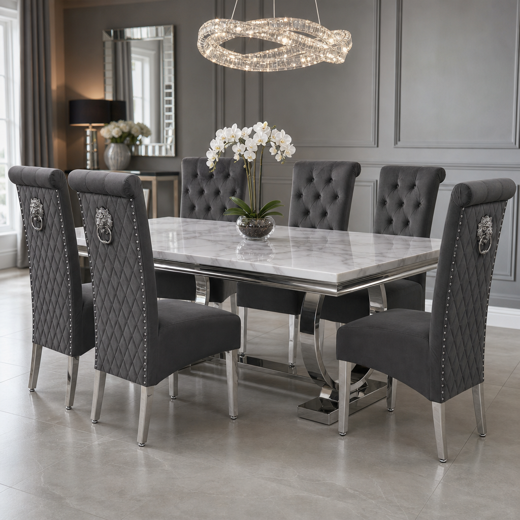 Ariana White Marble Dining Table Set | Sofia Dark Grey Velvet Lion Knocker Chairs | 4 to 10 Seater | 3 Size Options