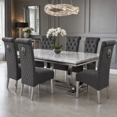 Ariana White Marble Dining Table Set | Sofia Dark Grey Velvet Lion Knocker Chairs | 4 to 10 Seater | 3 Size Options