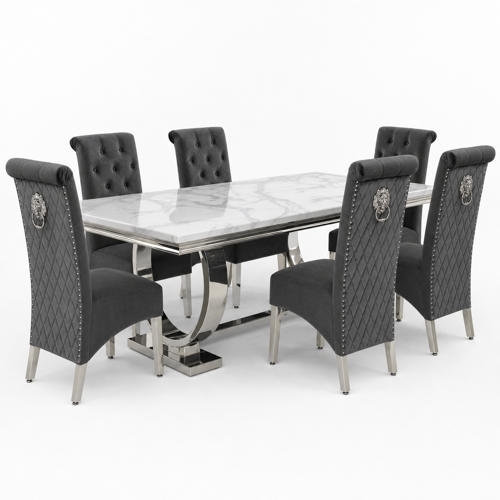 Ariana White Marble Dining Table Set | Sofia Dark Grey Velvet Lion Knocker Chairs | 4 to 10 Seater | 3 Size Options