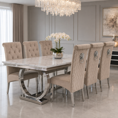 Ariana White Marble Dining Table Set | Sofia Mink Velvet Lion Knocker Chairs | 4 to 10 Seater | 3 Size Options