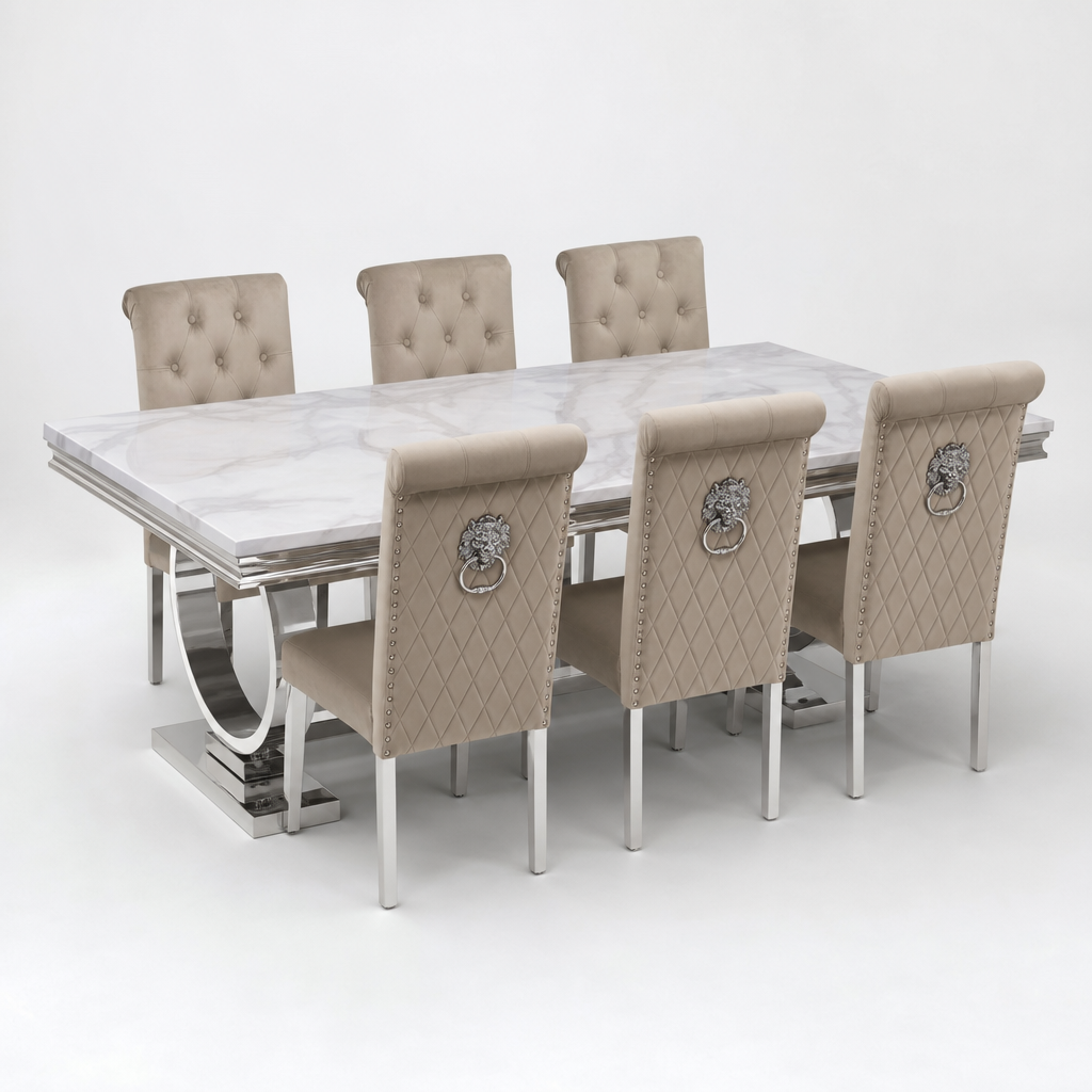 Ariana White Marble Dining Table Set | Sofia Mink Velvet Lion Knocker Chairs | 4 to 10 Seater | 3 Size Options
