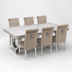 Ariana White Marble Dining Table Set | Sofia Mink Velvet Lion Knocker Chairs | 4 to 10 Seater | 3 Size Options