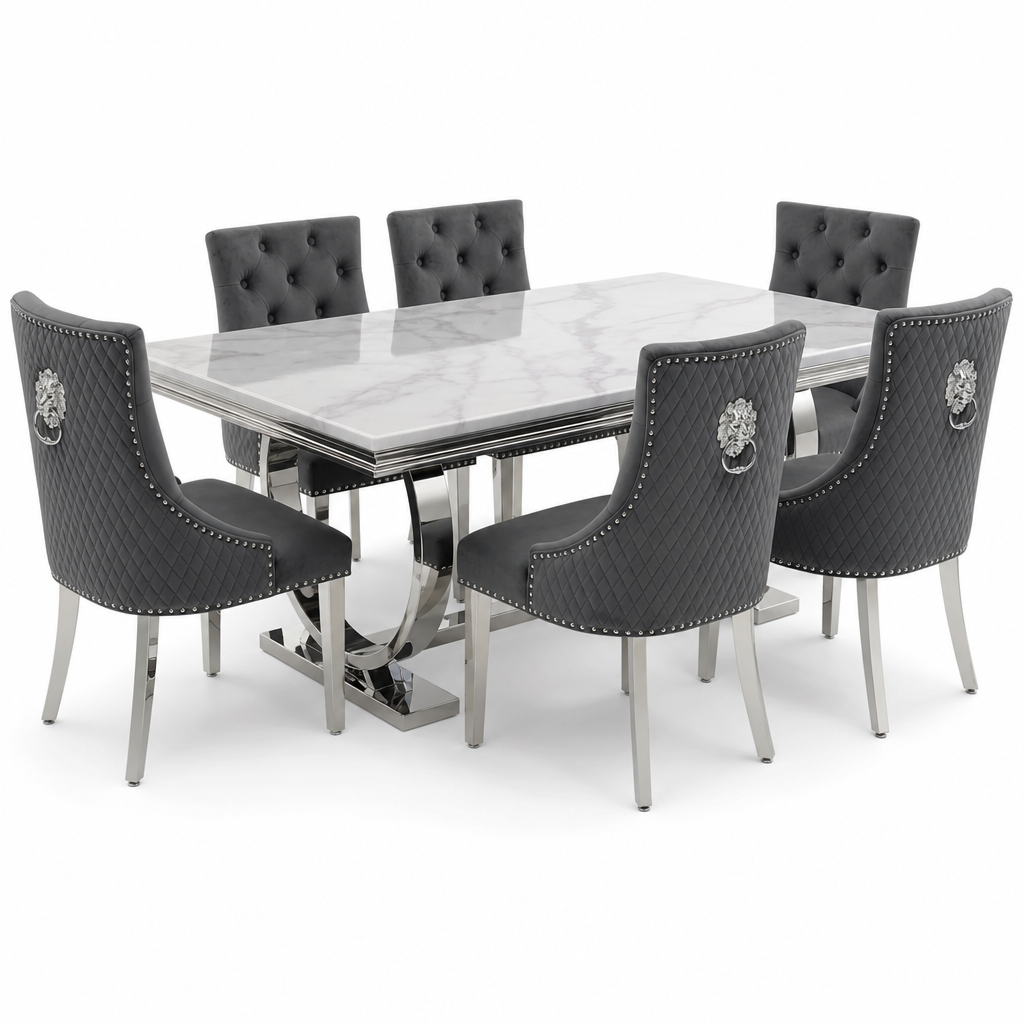 Ariana White Marble Dining Table Set | Majestic Dark Grey Velvet Lion Knocker Chairs | 4 to 10 Seater | 3 Size Options