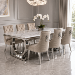 Ariana White Marble Dining Table Set | Majestic Mink Velvet Lion Knocker Chairs | 4 to 10 Seater | 3 Size Options