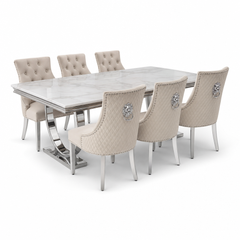 Ariana White Marble Dining Table Set | Majestic Mink Velvet Lion Knocker Chairs | 4 to 10 Seater | 3 Size Options