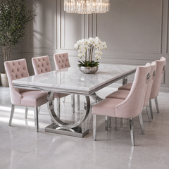 Ariana White Marble Dining Table Set | Majestic Pink Velvet Lion Knocker Chairs | 4 to 10 Seater | 3 Size Options