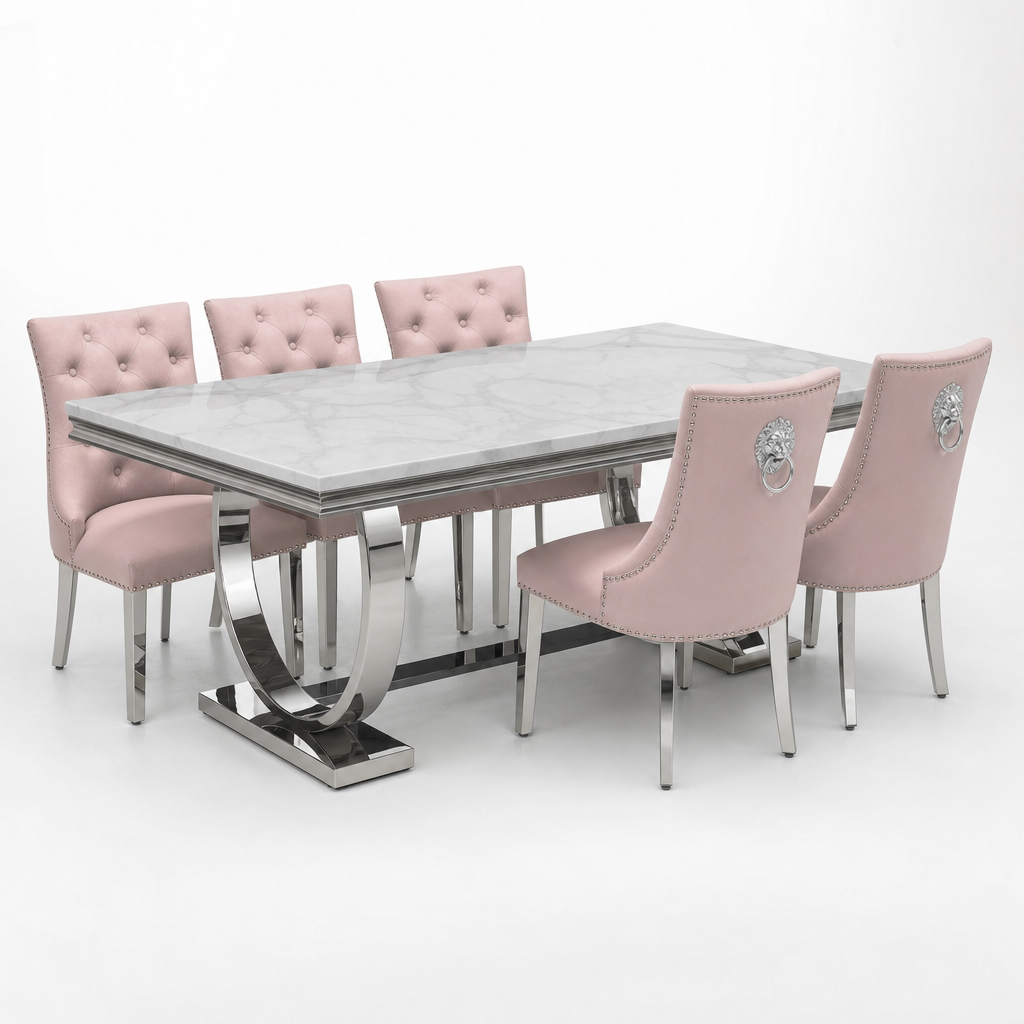 Ariana White Marble Dining Table Set | Majestic Pink Velvet Lion Knocker Chairs | 4 to 10 Seater | 3 Size Options