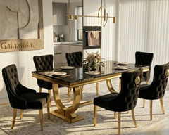 Ariana Black & Gold Marble Dining Set – Luxury Art Deco Table with Sculptural Gold Base (160cm or 180cm)