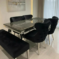 Arianna 200cm Black Marble Dining Table + Valentino Button Lion Knocker Black Velvet Chairs