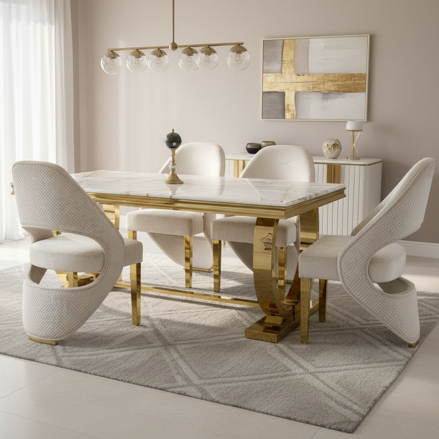 Arianna Marble & Gold Dining Table With Santos Curve Velvet Chairs Gold Legs