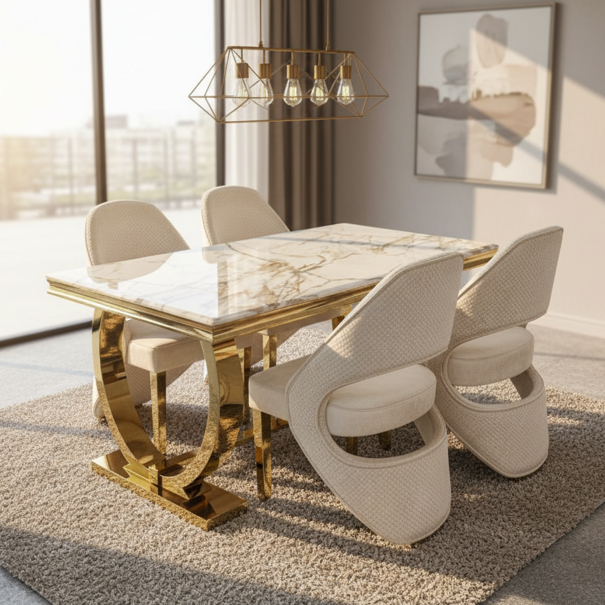 Arianna Marble & Gold Dining Table With Santos Curve Velvet Chairs Gold Legs