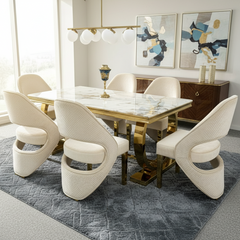 Arianna 160cm Marble & Gold Dining Table With Santos Curve Velvet Chairs Gold Legs