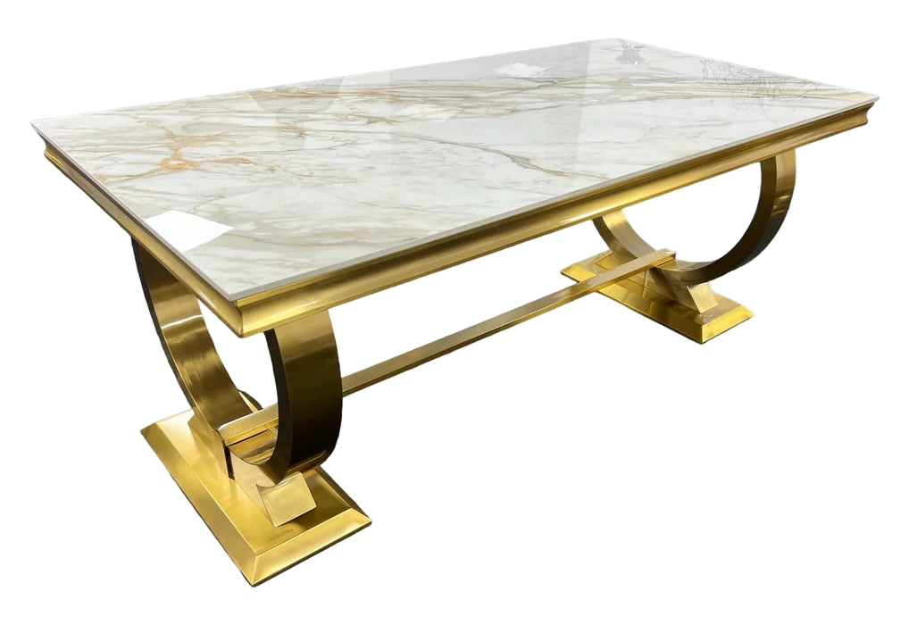 Arianna Gold Marble Dining Table with Lasco Gold Velvet Dining Chairs – Luxury Dining Set