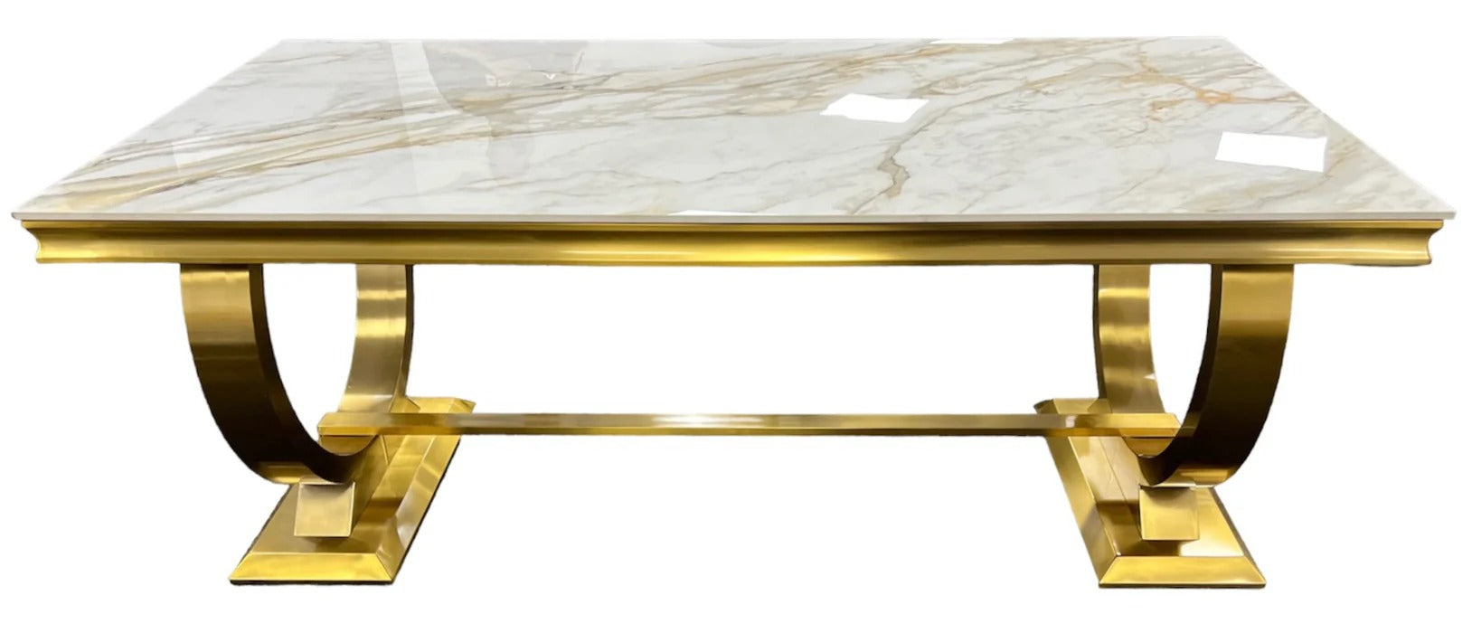 Arianna Gold Marble Dining Table with Lasco Gold Velvet Dining Chairs – Luxury Dining Set