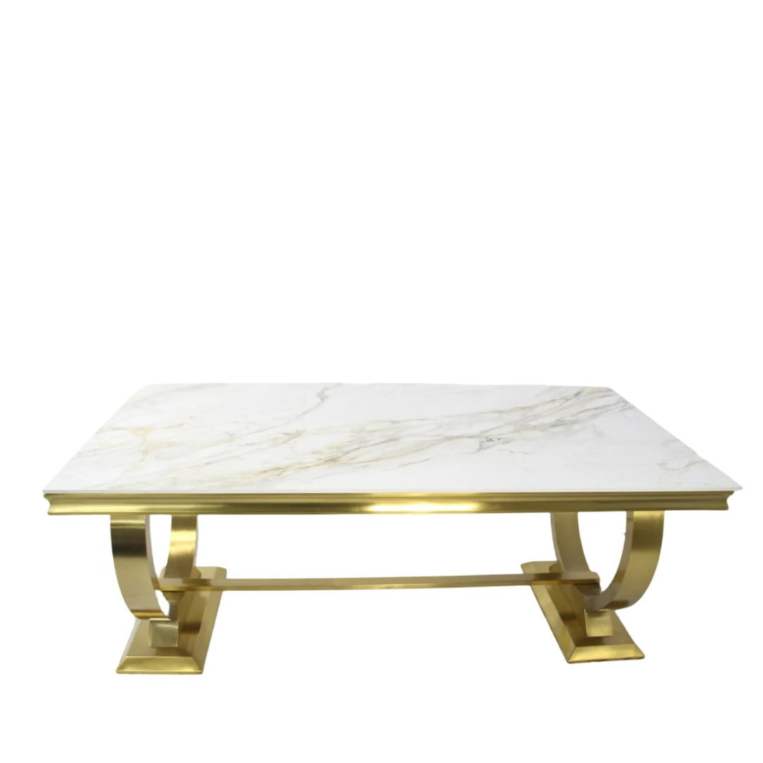 Arianna Gold Marble Dining Table with Lasco Gold Velvet Dining Chairs – Luxury Dining Set