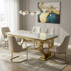 Arianna Gold Marble Dining Table with Lasco Gold Velvet Dining Chairs – Luxury Dining Set