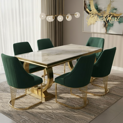 Arianna Gold Marble Dining Table with Lasco Gold Velvet Dining Chairs – Luxury Dining Set