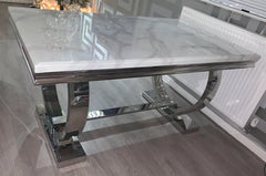 Ariana White Marble Dining Table & Victoria Dark Grey Button Back Velvet Chairs
