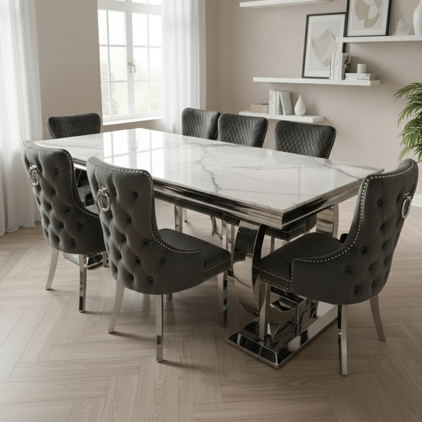 Ariana White Marble Dining Table & Victoria Dark Grey Button Back Velvet Chairs