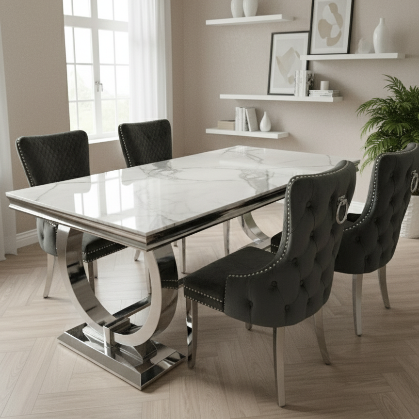 Ariana White Marble Dining Table & Victoria Dark Grey Button Back Velvet Chairs