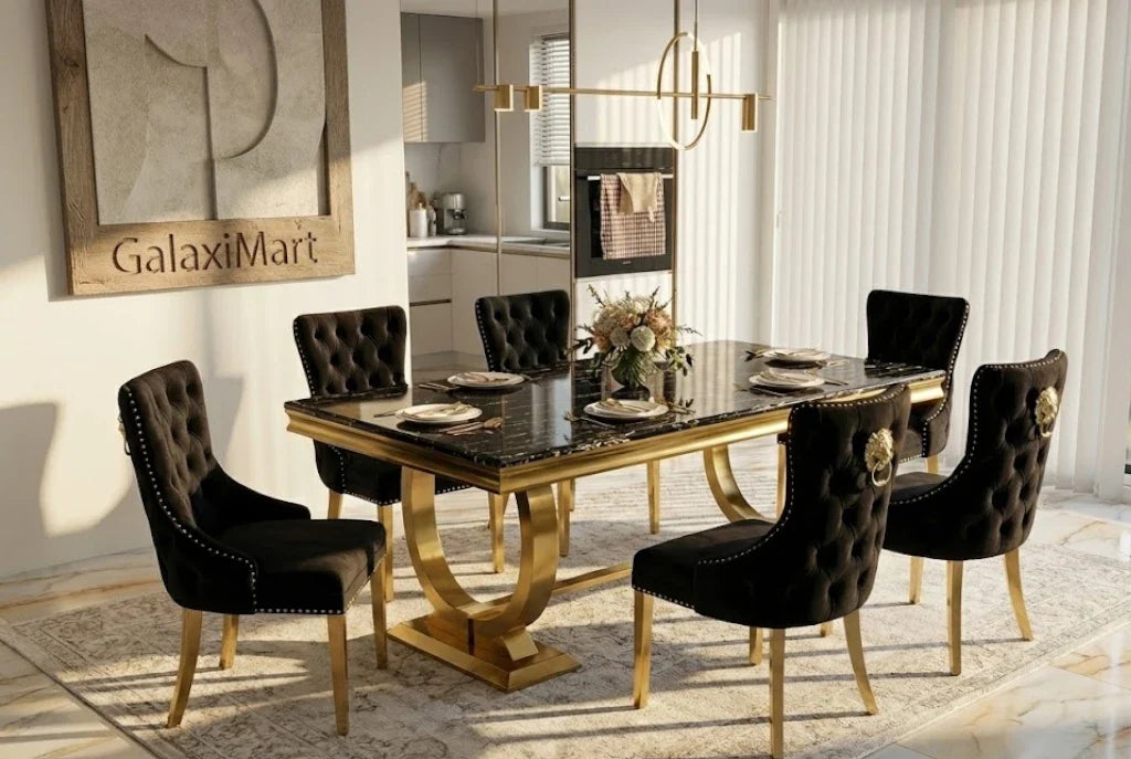 Ariana Black & Gold Marble Dining Set – Luxury Art Deco Table with Sculptural Gold Base (160cm or 180cm)