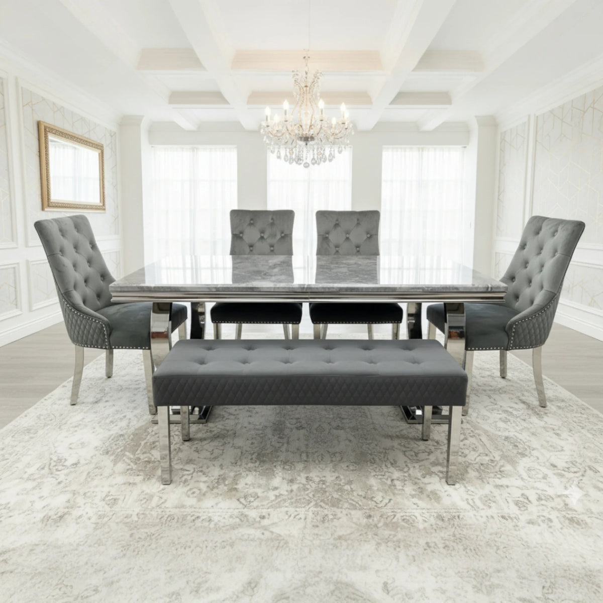 Arianna Grey Marble Dining Table With Majestic Loin Knocker Velvet Dining Chairs And Bench