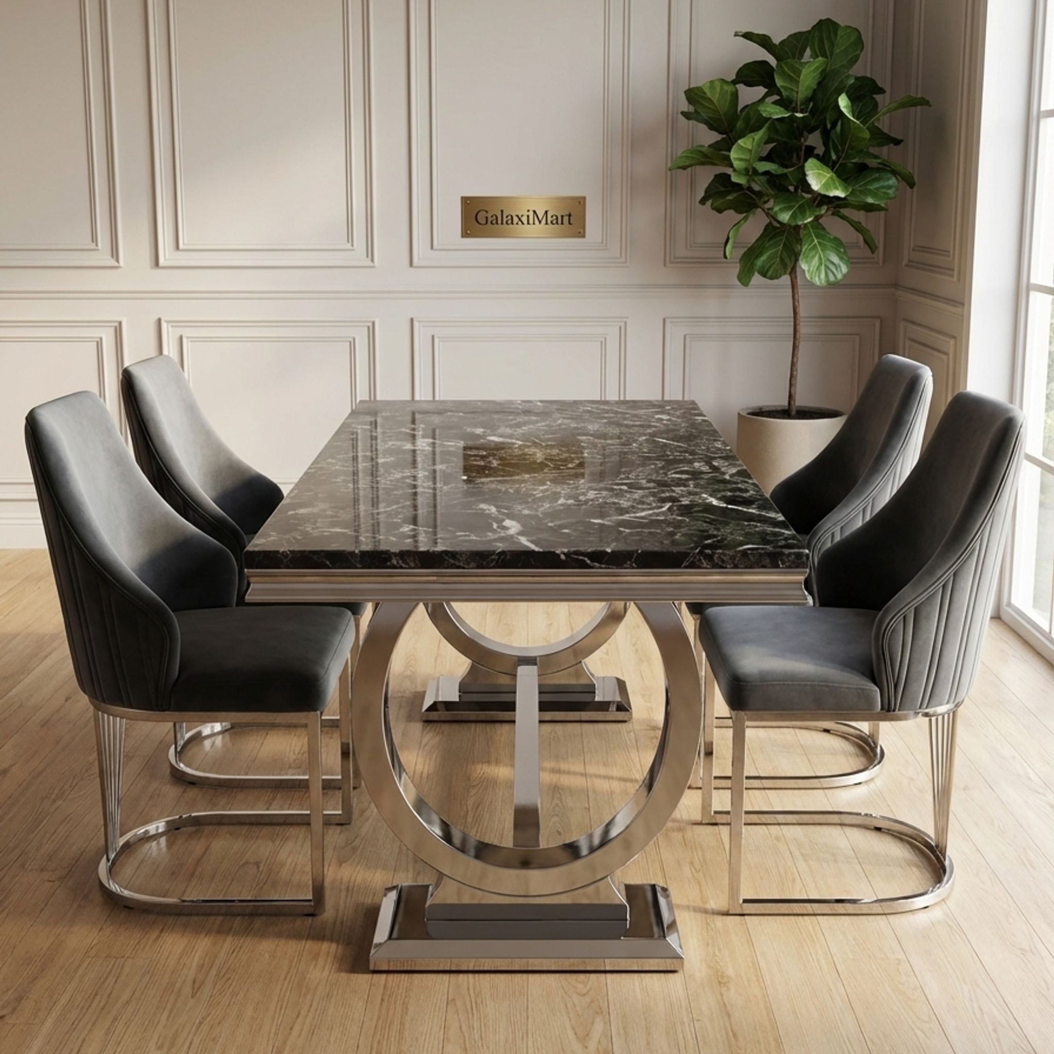 Ariana Grey Marble Dining Table & 4-8 Velvet Ribbed Back Dining Chairs – Premium Chrome Legs